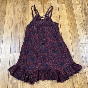 Adam Levine Boho Paisley Lace Up Ruffle Hem‎ Mini Dress Red Blue Size S